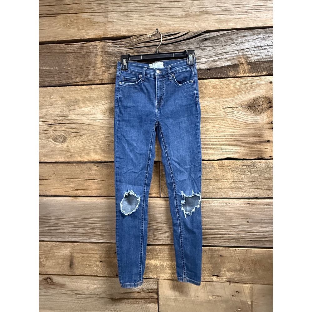 Free People High Rise Skinny Jeans Distressed Knee Blue Denim W25R
